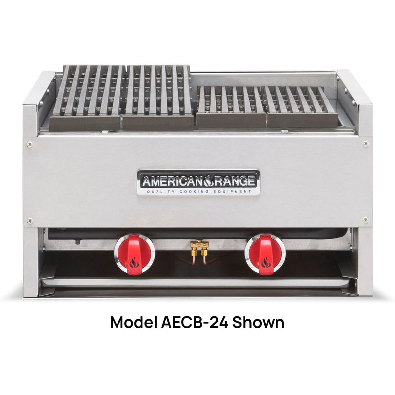 American Range AECB Series gas char rock charbroiler, stainless steel countertop unit with red control knobs