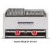 American Range AECB Series gas char rock charbroiler, stainless steel countertop unit with red control knobs