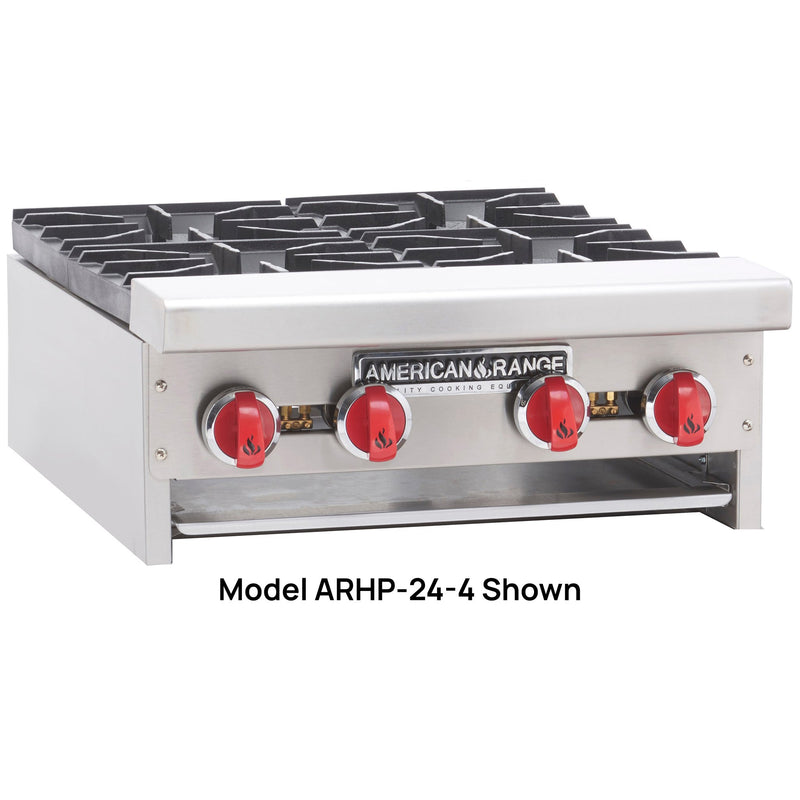 American Range ARSHP-12-2 two burner gas hot plate, stainless steel with red knobs; larger four burner model shown