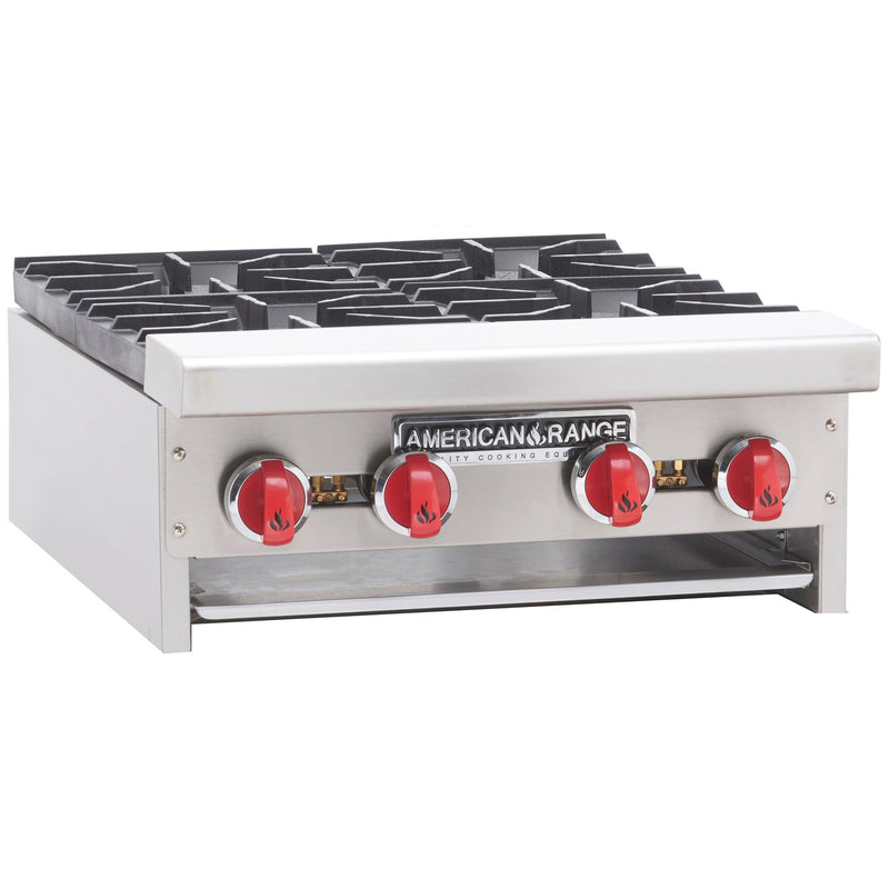 American Range ARSHP-24-4 24-inch four burner gas hot plate, stainless steel with cast iron grates and red knobs