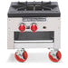 American Range SPSH-18 single gas stock pot range with cast iron grate, stainless steel body and red caster wheels