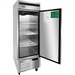 Atosa MBF8501GR 27-inch reach-in freezer with the door open showing the adjustable wire shelves