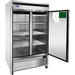 Atosa MBF8503GR 54-inch reach-in freezer with both doors open showing the adjustable wire shelves