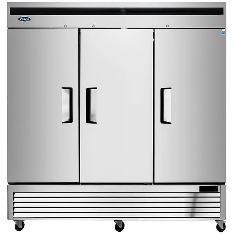 Atosa MBF8504GR 82-inch triple solid door stainless steel reach-in freezer on casters, front view