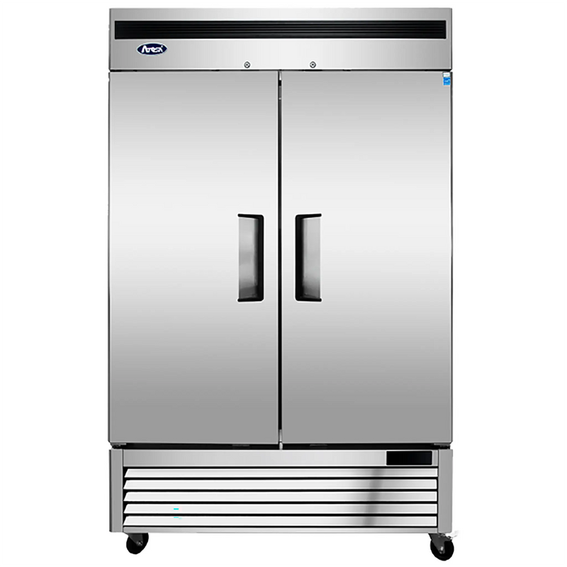 Atosa MBF8507GR 54-inch double solid door stainless steel reach-in refrigerator on casters, front view