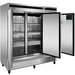 Atosa MBF8508GR 82-inch reach-in refrigerator with all three doors open showing the adjustable wire shelves