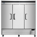 Atosa MBF8508GR 82-inch triple solid door stainless steel reach-in refrigerator on casters, front view