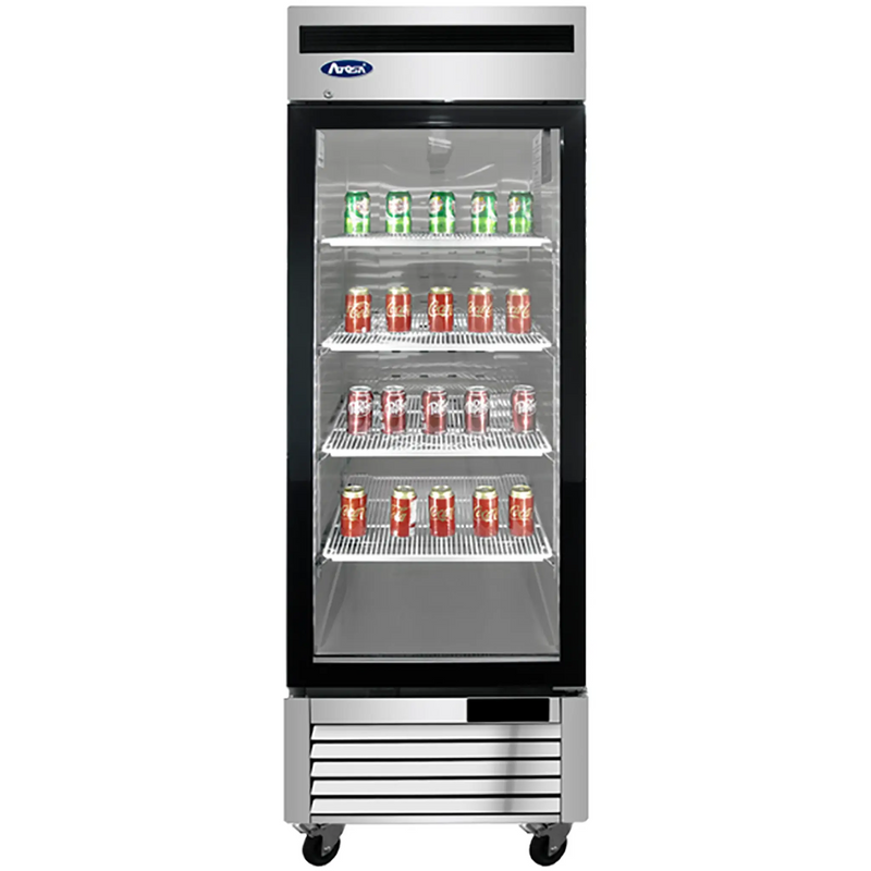 Atosa MCF8705GR 27-inch single glass door stainless steel merchandiser refrigerator stocked with drinks
