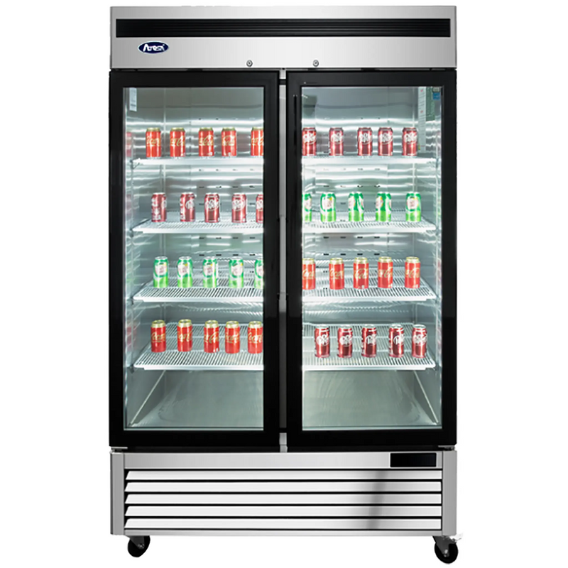 Atosa MCF8707GR 54-inch double glass door stainless steel merchandiser refrigerator stocked with drinks