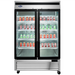 Atosa MCF8707GR 54-inch double glass door stainless steel merchandiser refrigerator stocked with drinks