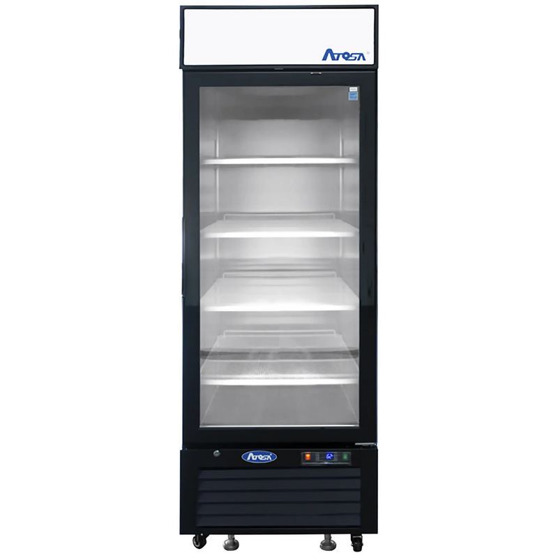Atosa MCF8722GR 27-inch single glass door black merchandiser display refrigerator with LED lit interior, front view