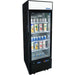 Atosa MCF8725GR 24-inch black glass door beverage display refrigerator with LED lit shelves, angled view