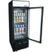 Atosa MCF8725GR 24-inch display refrigerator with the glass door open showing the stocked wire shelves