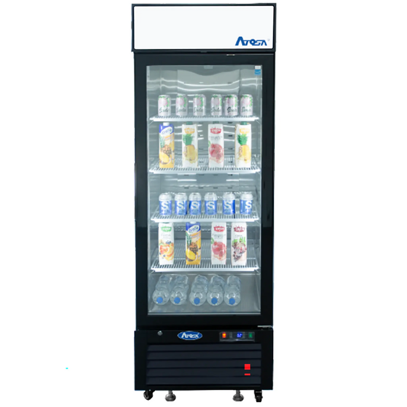 Atosa MCF8725GR 24-inch single glass door black merchandiser display refrigerator stocked with drinks, front view