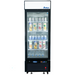 Atosa MCF8725GR 24-inch single glass door black merchandiser display refrigerator stocked with drinks, front view