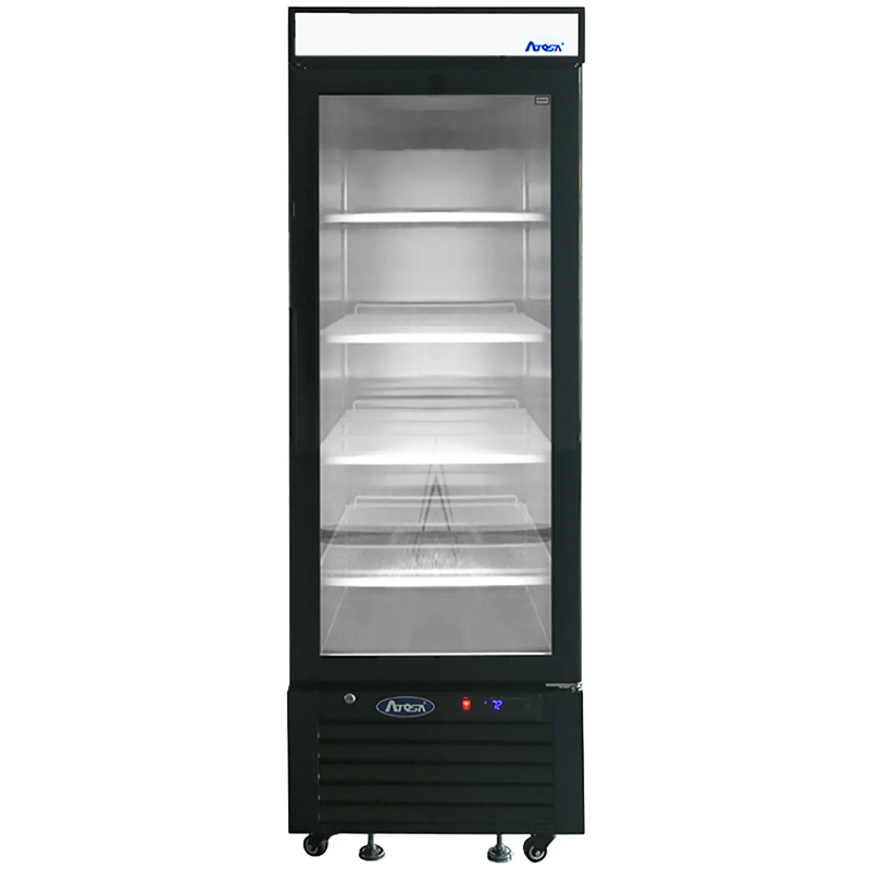 Atosa MCF8726GR 24-inch single glass door black merchandiser display refrigerator stocked with drinks, front view
