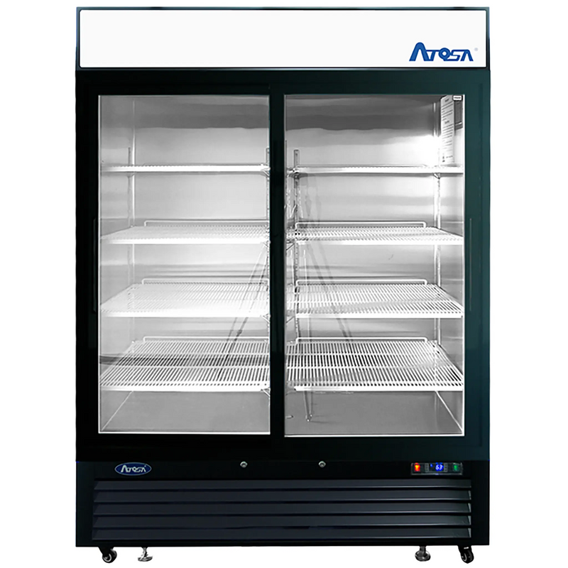 Atosa MCF8727GR 54-inch double sliding glass door black merchandiser display refrigerator with LED lit interior, front view