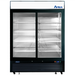 Atosa MCF8727GR 54-inch double sliding glass door black merchandiser display refrigerator with LED lit interior, front view