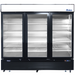 Atosa MCF8728GR 82-inch triple glass door black merchandiser display freezer with LED lit interior, front view