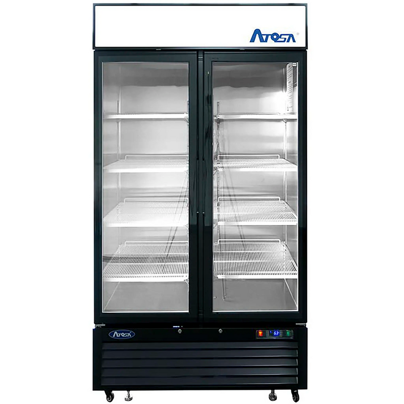 Atosa MCF8732GR 40-inch double glass door black merchandiser display freezer with LED lit interior, front view