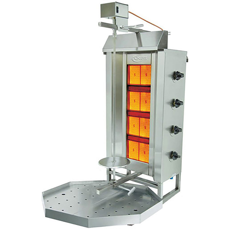 Axis AX-VB4 gas 4 burner shawarma and doner broiler in stainless steel with glowing burners and vertical spit, angled