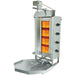 Axis AX-VB4 gas 4 burner shawarma and doner broiler in stainless steel with glowing burners and vertical spit, angled