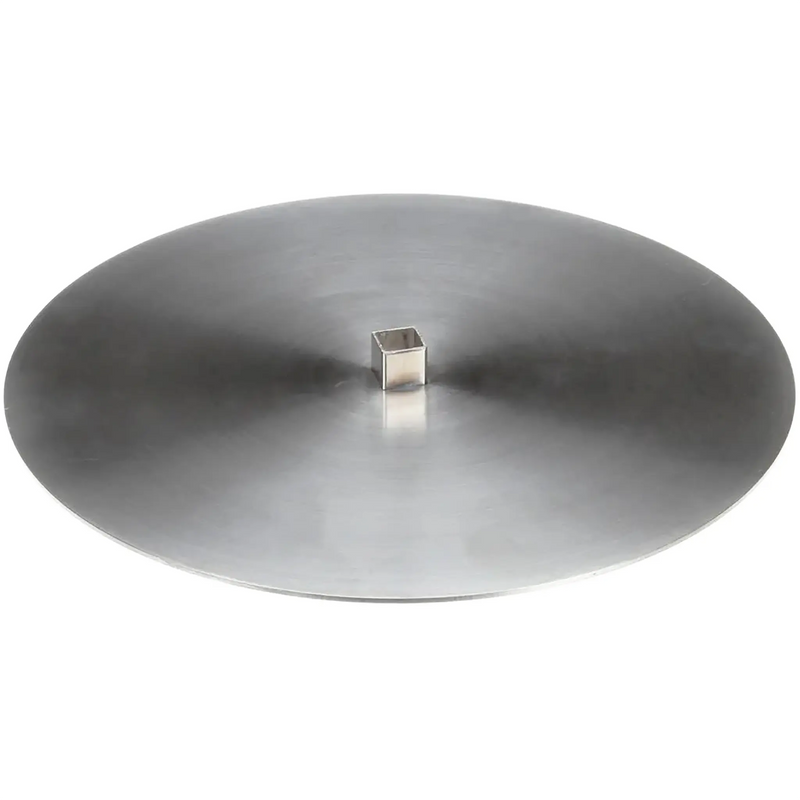 Axis stainless steel lower disk for shawarma broilers, round flat base plate with centre skewer mount, angled view
