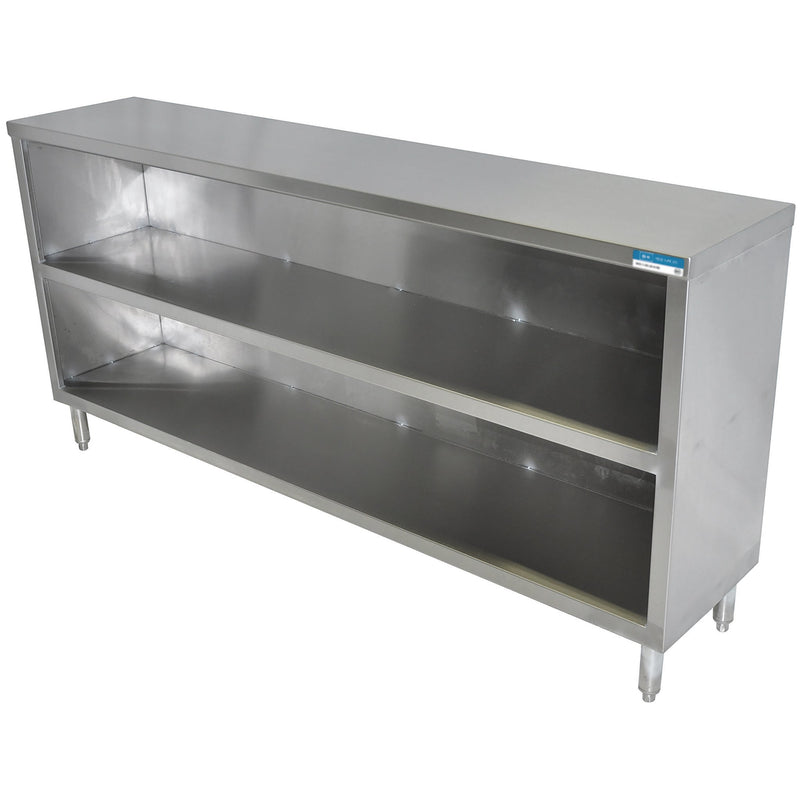 BK Resources BKDC stainless steel open dish cabinet with middle shelf and adjustable feet, angled view