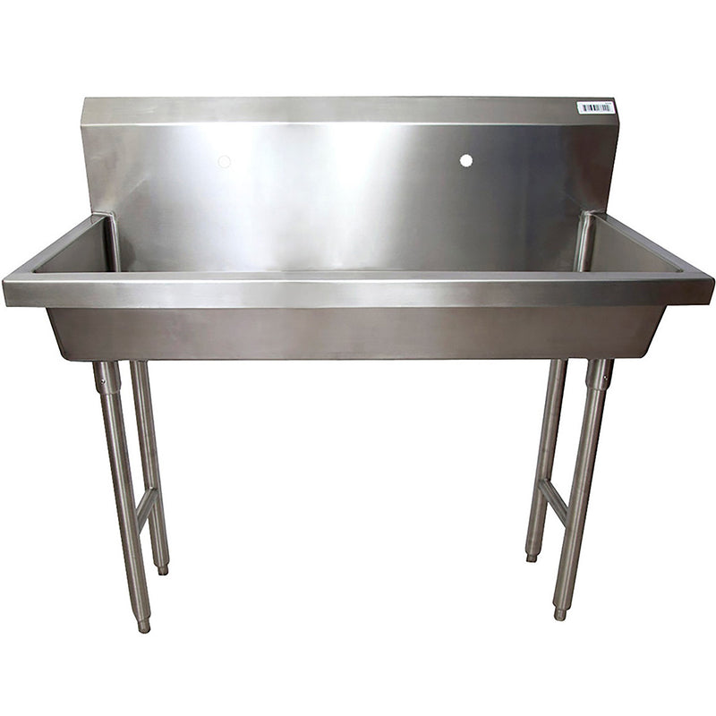 BK Resources MSHS free standing stainless steel two-station hand washing sink on legs with single faucet holes