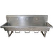 BK Resources MSHS wall mounted three-station stainless steel hand washing sink, front view with knee valves