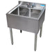 BK Resources UB4-224S 24-inch stainless steel two compartment bar sink with faucet and backsplash, angled view