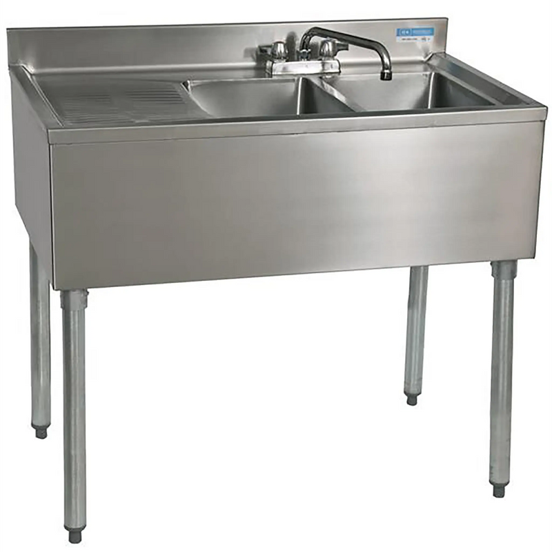 BK Resources UB4-36S 36-inch stainless steel bar sink, two compartments with left drainboard and faucet