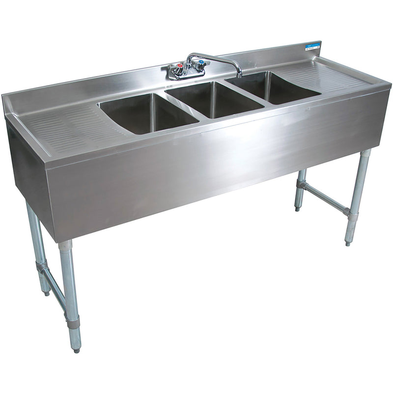 BK Resources UB4-372TS 72-inch stainless steel bar sink with 19-inch left and right drainboards, angled view