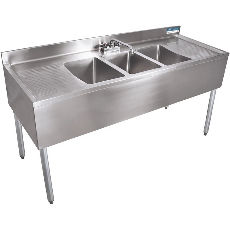 BK Resources UB4-384TS 84-inch stainless steel three compartment bar sink with 25-inch left and right drainboards
