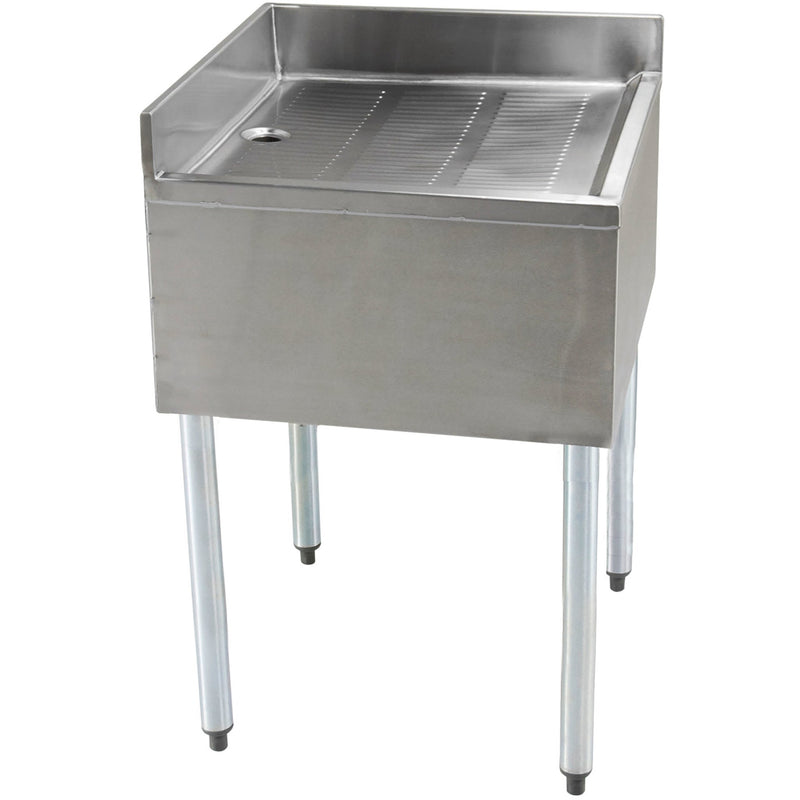 BK Resources UB4-CDB square stainless steel corner bar drainboard with ribbed top and drain on legs