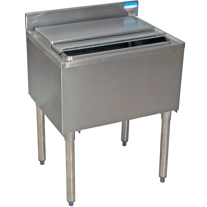 BK Resources UB4-IB24 insulated 24-inch stainless steel underbar ice bin with sliding cover and backsplash