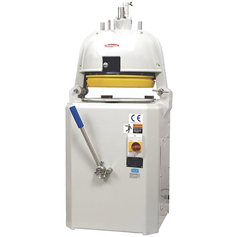 BakeMax BMBD series semi-automatic dough divider and rounder in white with red-handled lever and control panel