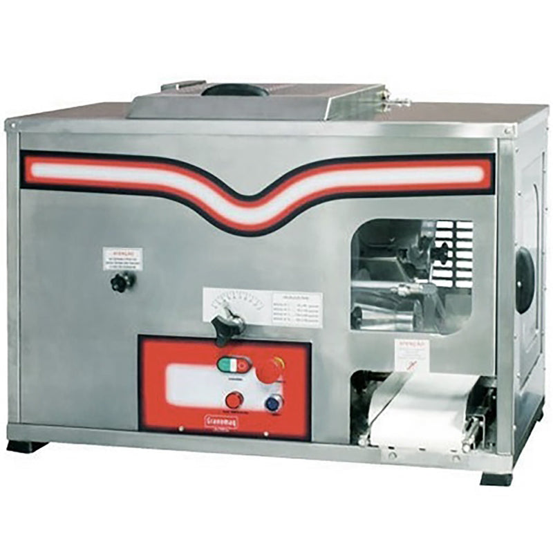 BakeMax BMCCD01 continuous dough divider in stainless steel with red control panel and front output chute, angled view