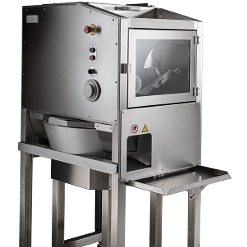 BakeMax BMDD005 countertop dough divider and rounder in stainless steel on a stand with front output shelf, angled view