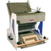 BakeMax BMGF001 series bread slicer with stainless steel blade frame and wooden loaf tray, angled side view