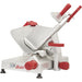 Berkel B12 manual aluminum meat slicer with 12-inch blade, red handles and pusher arm, angled front view