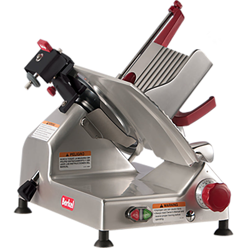 Berkel B12E manual aluminum meat slicer with 12-inch blade, red handles and on/off switch, angled left view