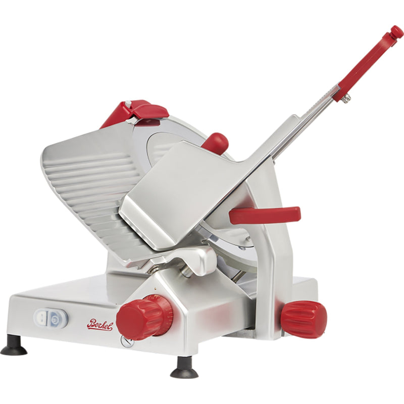 Berkel B14 manual meat slicer with 14-inch blade, aluminum body with red handles and pusher arm, angled right view