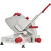 Berkel B14 manual meat slicer with 14-inch blade, aluminum body with red handles and pusher arm, angled right view