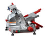 Berkel B9 manual aluminum meat slicer with 9-inch blade and red controls, angled left view of the carriage