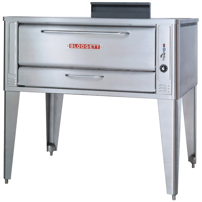 Blodgett 1048 natural gas 47-inch deck pizza oven in stainless steel on legs, single deck configuration, front view