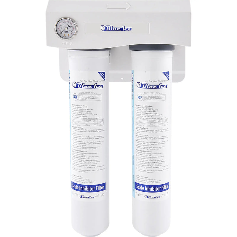 Blue Air DH-S2 dual water filtration system with two white filter cartridges, pressure gauge and wall bracket