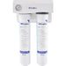 Blue Air DH-S2 dual water filtration system with two white filter cartridges, pressure gauge and wall bracket