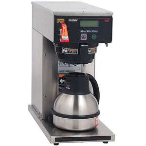 Bunn AXIOM-DV-TC stainless steel coffee brewer with hot water tap and thermal carafe under the brew funnel, angled view