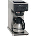 Bunn CW15-TC stainless steel pour over coffee brewer with the thermal carafe in place under the brew funnel, angled view